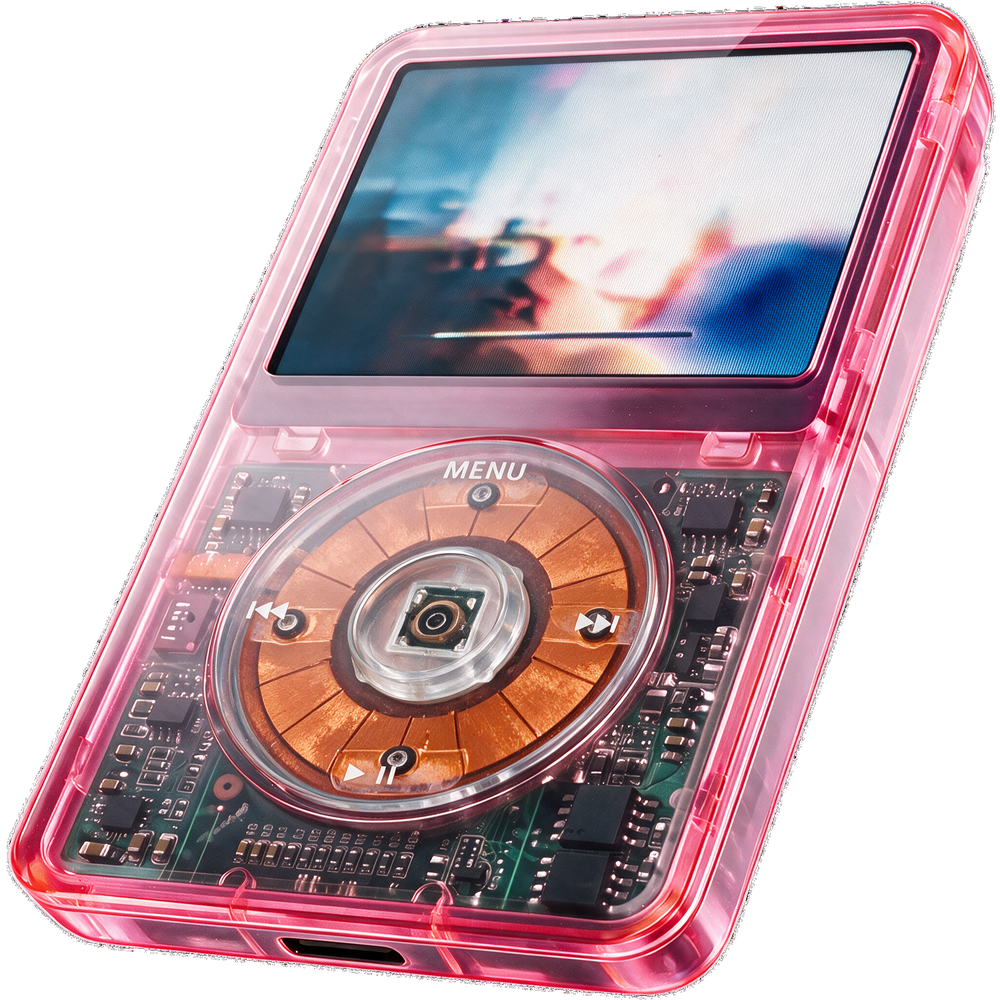 Static &mdash; screen lit, playing music, translucent neon pink iPod Classic.